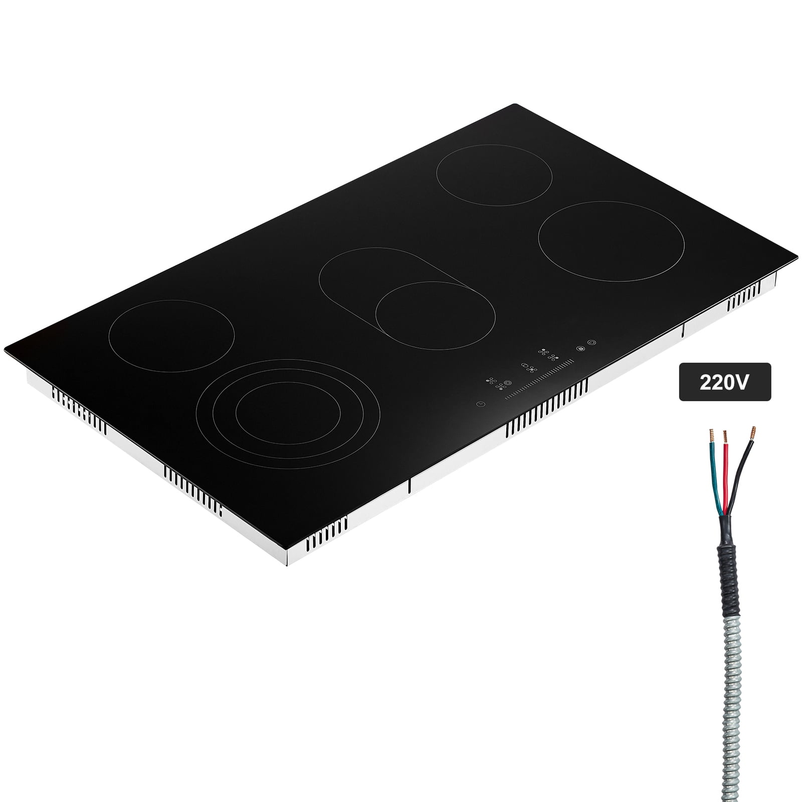 KFFKFF 36-inch Built-in Electric Cooktop with 5 Burners, 8600W Ceramic Radiant Surface, Glass Panel, Touch Controls, Timer, Child Safety Lock, 9 Adjustable Heat Levels, 220-240V Hardwired Connection