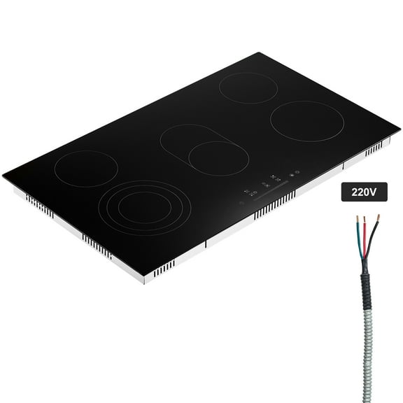 KFFKFF 36-inch Built-in Electric Cooktop with 5 Burners, 8600W Ceramic Radiant Surface, Glass Panel, Touch Controls, Timer, Child Safety Lock, 9 Adjustable Heat Levels, 220-240V Hardwired Connection