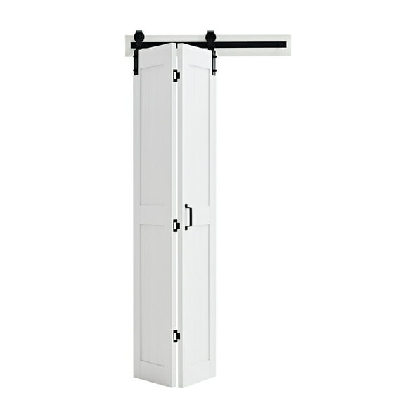 KFFKFF 36" x 84" Bi-Fold Barn Door, MDF Sliding Closet Door with Header Board and Hardware Kit, H-Frame Space-Saving Design, Panels Require Assembly, Durable and Quiet, White Finish