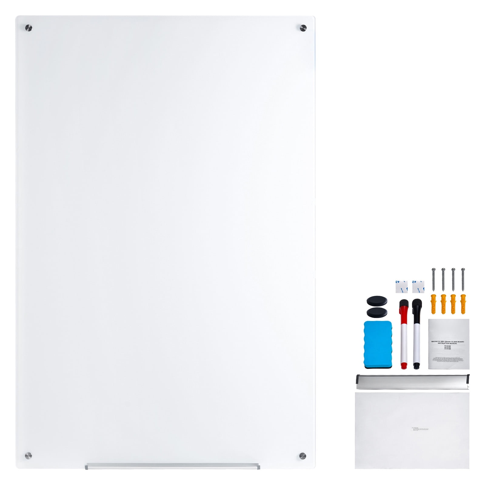 KFFKFF 36"x24" Magnetic Glass Dry Erase Board Frameless Wall Mounted Magnetic 3' x 2' Large Glass Whiteboard Dry Erase Board with Tray for Office, School & Home