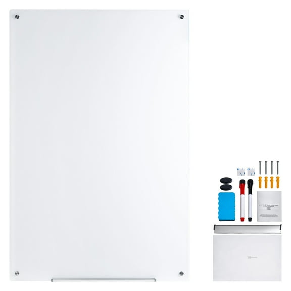 KFFKFF 36"x24" Magnetic Glass Dry Erase Board Frameless Wall Mounted Magnetic 3' x 2' Large Glass Whiteboard Dry Erase Board with Tray for Office, School & Home