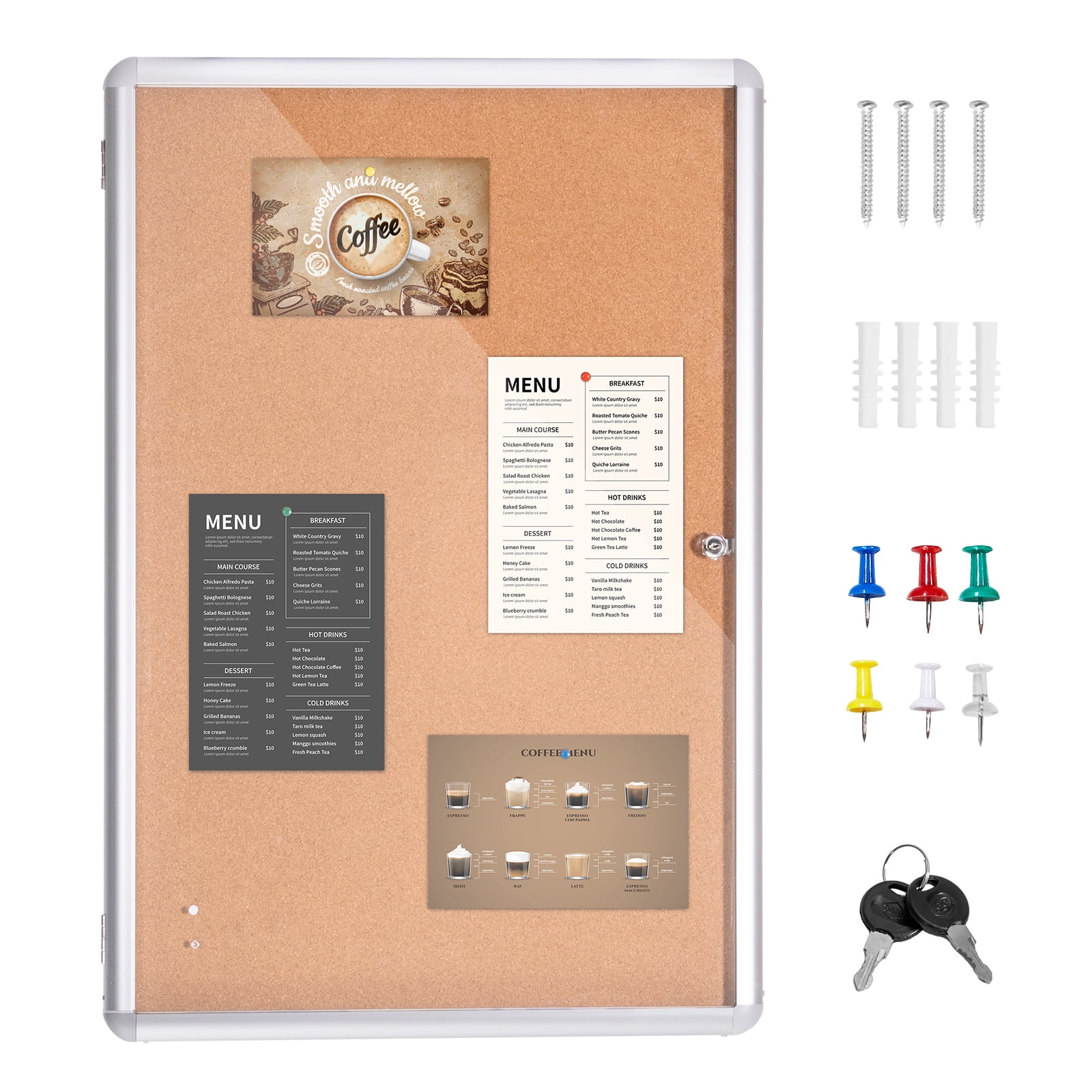 KFFKFF 36"x24" Sealed Cork Board with Aluminum Border - Secure Notice Board with Acrylic Entrance & Pair of Keys - Climate-Tolerant Wall Exhibit Unit for Educational Institutions, Residences