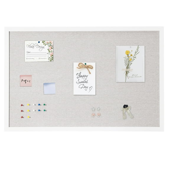 KFFKFF 36"x24" White Cork Board featuring Linen Surface – Chic Wall-Hanging Message Board for Home, School, Office – Sophisticated & Practical Announcement Board