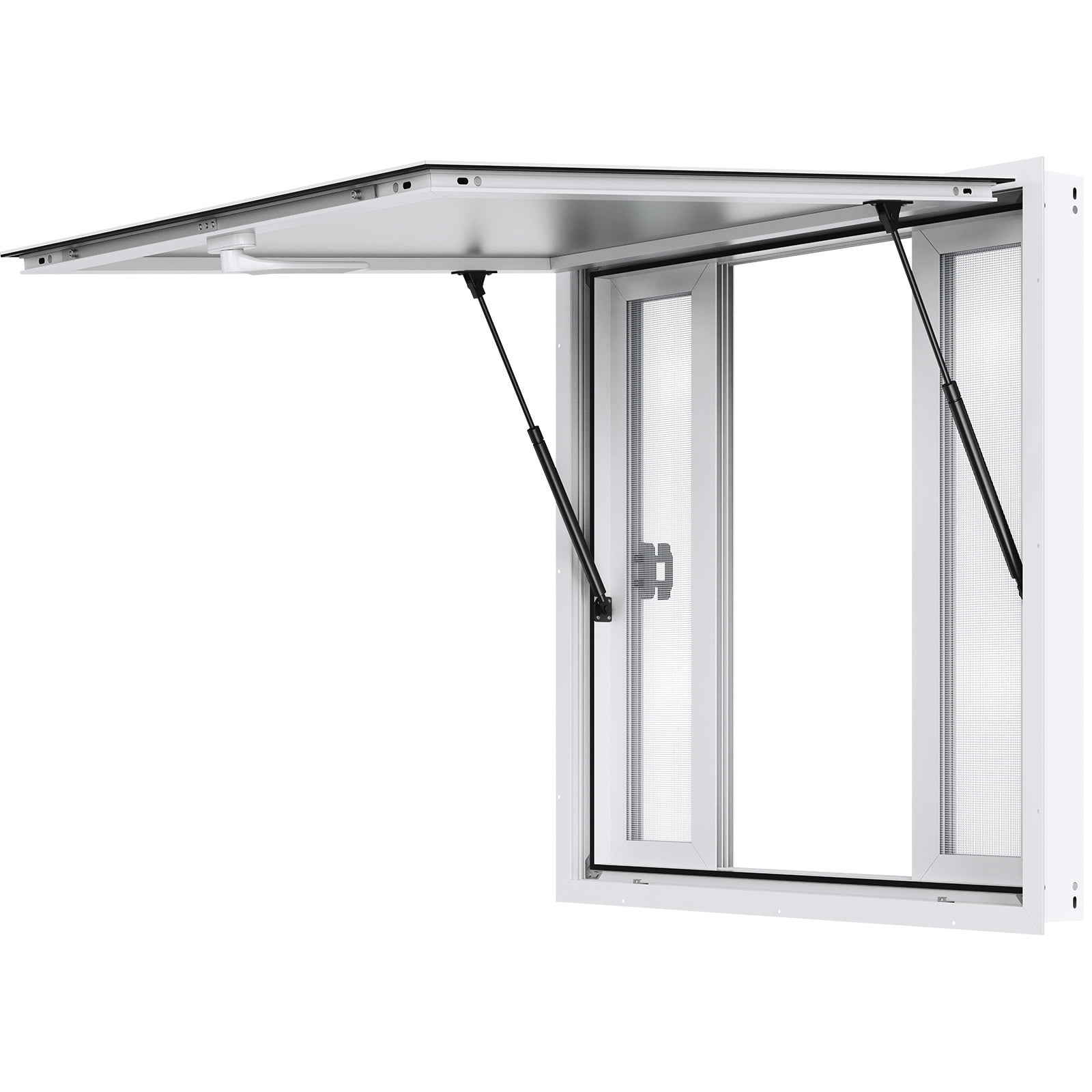 KFFKFF 36"x36" Service Window, Aluminum Alloy, for Food Trucks, Featuring 4 Sliding Windows, Awning Door & Hook, Opens to 85 Degrees, Ideal for Concession Trailers