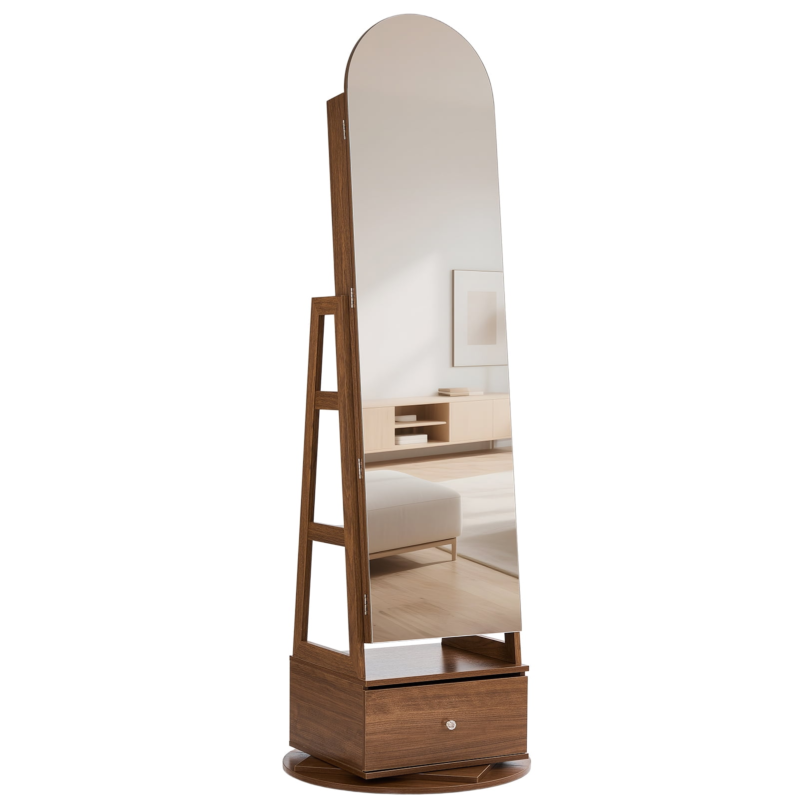 KFFKFF 360° Rotating Jewelry Cabinet, 65.1-inch Tall, Full-Length Mirror with Storage, Freestanding Jewelry Organizer, Lockable with Keys, Accessory Compartments, Shelves, and Drawer