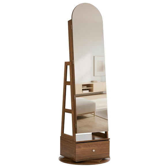 KFFKFF 360 Rotating Jewelry Cabinet, 65.1-inch Tall, Full-Length Mirror with Storage, Freestanding Jewelry Organizer, Lockable with Keys, Accessory Compartments, Shelves, and Drawer
