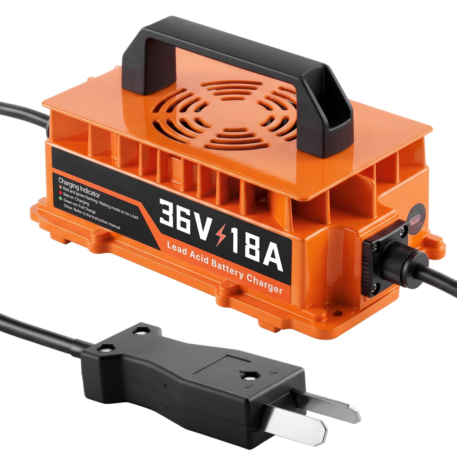 KFFKFF 36V 18A Golf Cart Battery Charger with Crowfoot Plug,Compatible with Lead Acid Batteries,Durable Aluminum Alloy Shell,Trickle Charging Function,LED Indicator,Cooling Fan,IP67 Waterproof Design