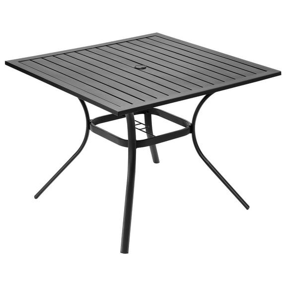 KFFKFF 37-Inch Square Outdoor Patio Dining Table, Metal Steel Slat Design with 1.5-Inch Umbrella Hole, Weather-Resistant Furniture for Garden, Lawn, Porch, and Backyard, Black