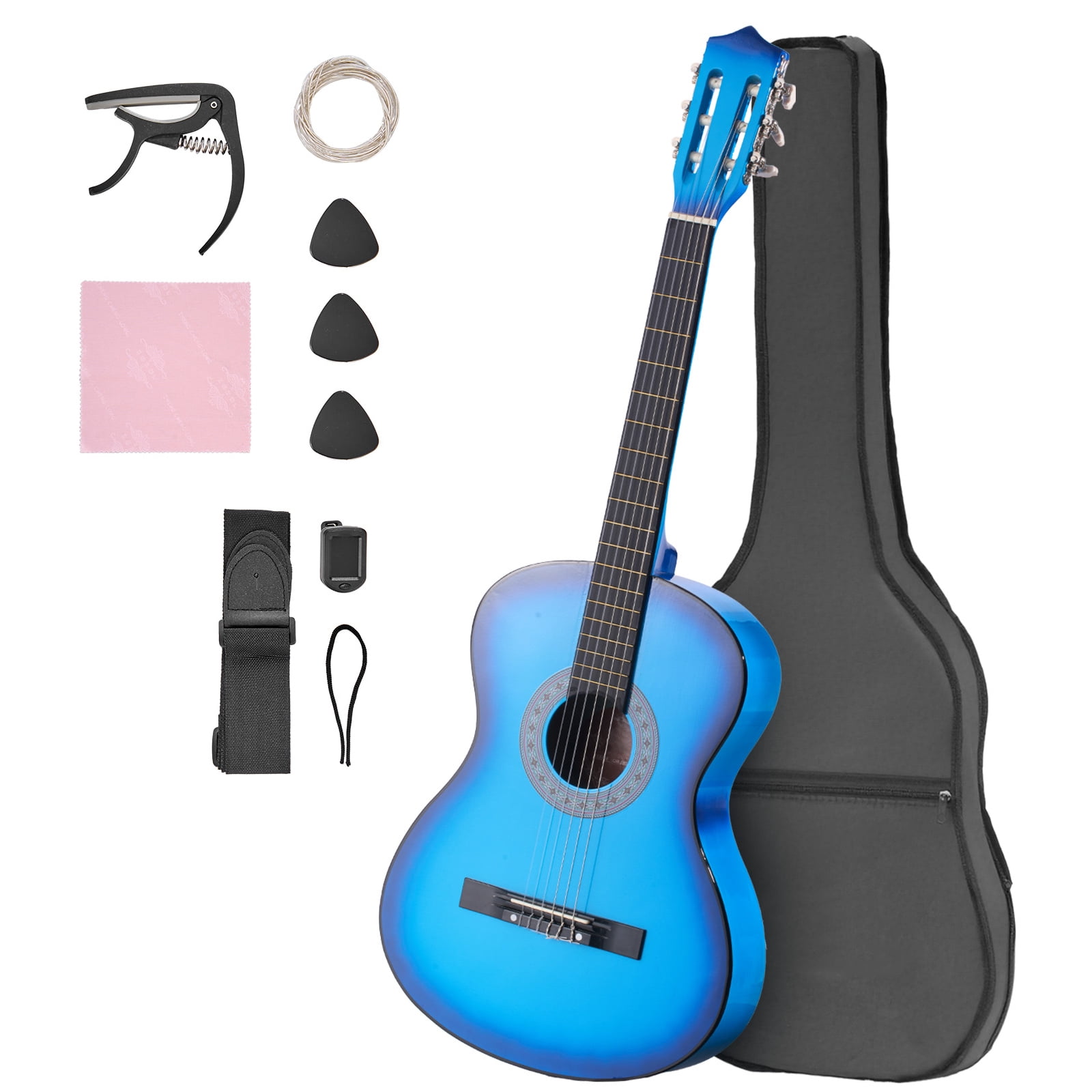 KFFKFF 38-Inch Classical Guitar Starter Set, Wooden Acoustic Guitar for Beginners, Includes Nylon Strings, Carry Bag, Strap, Tuner, Spare Strings, Picks, Capo, Ideal for Teens, Adults, and Students