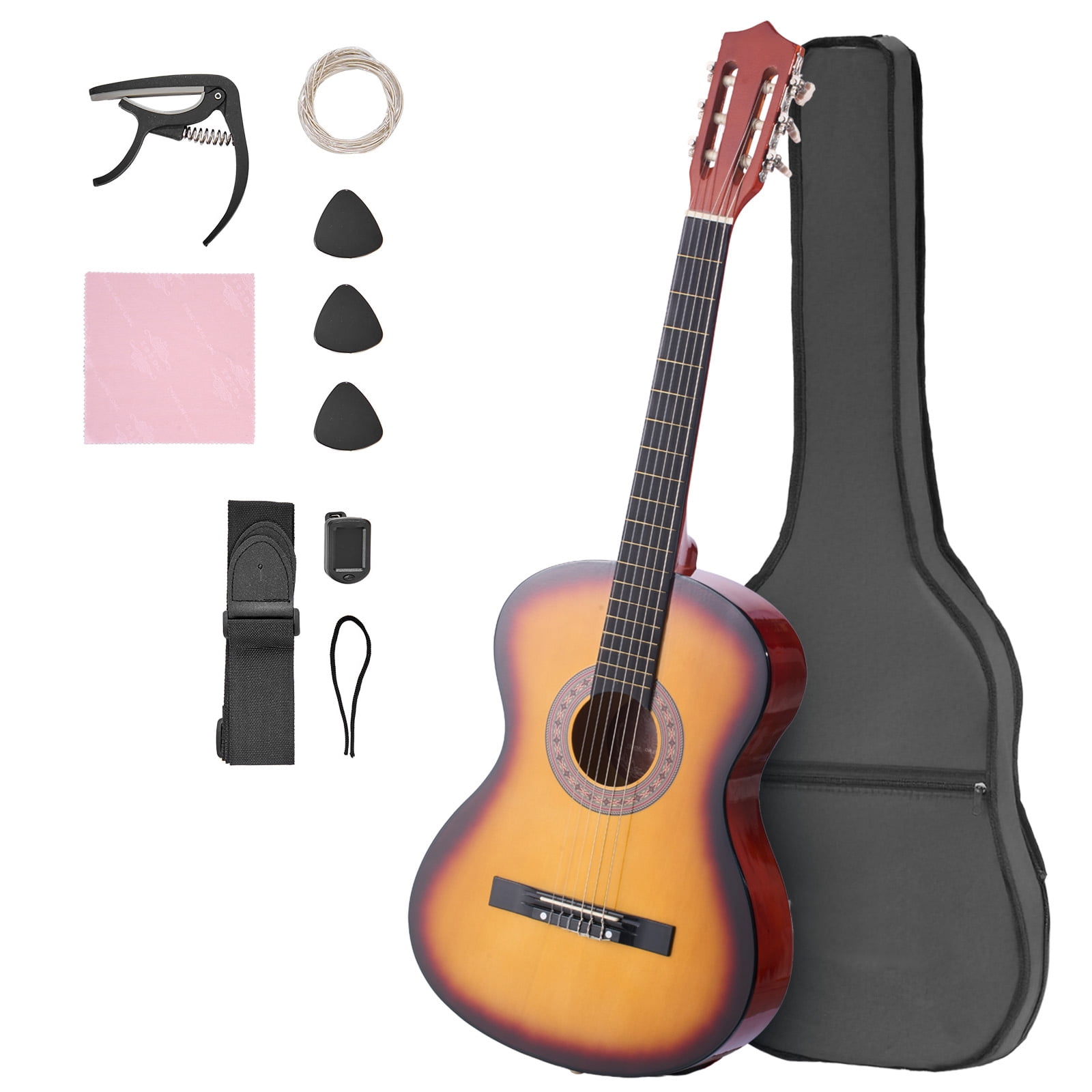 KFFKFF 38-Inch Classical Guitar Starter Set, Wooden Acoustic Guitar with Nylon Strings, Gig Bag, Strap, Tuner, Extra Strings, Picks, and Capo, Ideal for Beginners, Teens, Adults, and Students