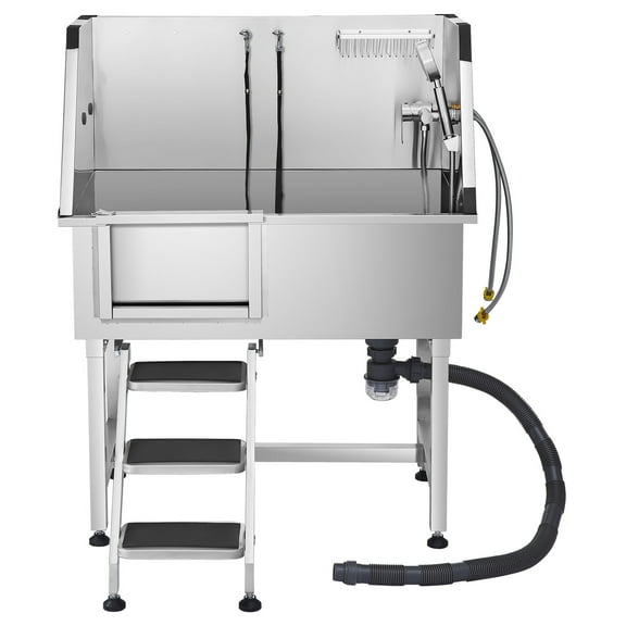 KFFKFF 38-Inch Stainless Steel Pet Grooming Tub with Faucet, Showerhead, and Non-Slip Stairs, Ideal for Washing Small to Medium Cats and Dogs, Left-Side Door Design