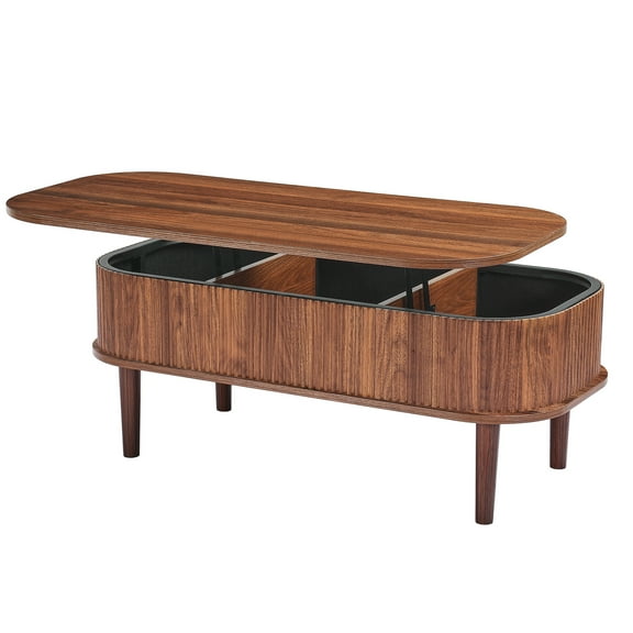 KFFKFF 39.4 in Lift-Top Coffee Table, Oval Wooden Table with Fluted Design, Hidden Storage Compartments, Mid-Century Style Center Table with Adjustable Tabletop for Home and Office, Walnut Finish