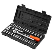 KFFKFF 39-Piece Socket Set with 3/8 & 1/4 inch Drive, SAE and Metric Sizes, Mechanic Tool Kit Featuring Ratchet Wrench, Accessories, Durable CR-V Alloy Steel, Includes Storage Case
