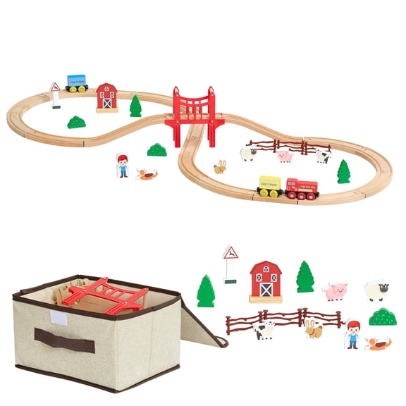 KFFKFF 39-Piece Wooden Train Set with Magnetic Trains and Railway Accessories, Compatible with Popular Brands, Small Town-Themed Toy for Kids Ages 3-8, Ideal for Christmas or Birthday Gifts