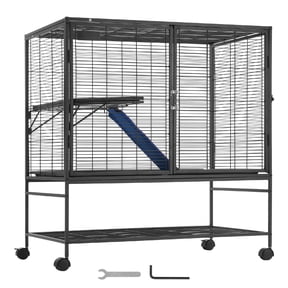 KFFKFF 39" Rolling Metal Ferret Cage, Spacious 2-Tier Small Animal Habitat with Ramps & Tray, Easy Assembly for Rats, Hamsters, Guinea Pigs, Chinchillas, Squirrels, Hedgehogs, and Rabbits