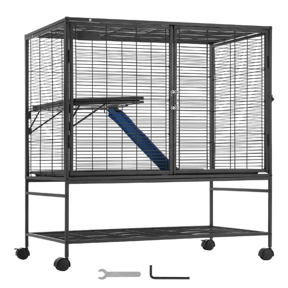 KFFKFF 39" Rolling Metal Ferret Cage, Spacious 2-Tier Small Animal Habitat with Ramps & Tray, Easy Assembly for Rats, Hamsters, Guinea Pigs, Chinchillas, Squirrels, Hedgehogs, and Rabbits