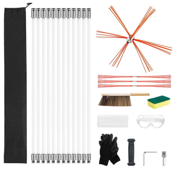 KFFKFF 39 ft Extendable Chimney Cleaning Kit with Bristle Replacements & Safety Goggles, Flexible Design for 90° Angles, Suitable for Square and Rectangular Chimneys