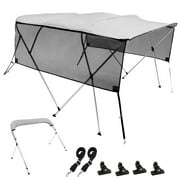 KFFKFF 4 Bow Bimini Boat Canopy, Removable Mesh Walls, 600D Fabric Shade, 1 Aluminum Frame, with Storage Case, Two Straps, Support Rods, 8ft Length x 54in Height x 91-96in Width, Light Grey