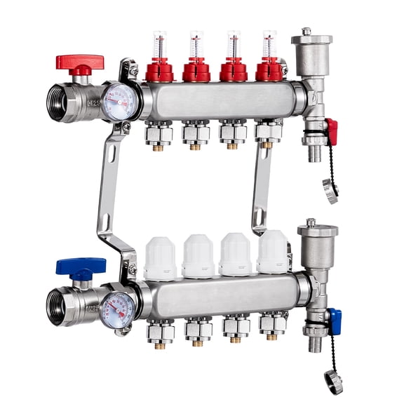 KFFKFF 4-Branch Radiant Heat Manifold, 1/2" PEX Tubing Manifold, Stainless Steel Manifold for Hydronic Radiant Floor Heating, Radiant Heat Kit with 1/2" Adapters
