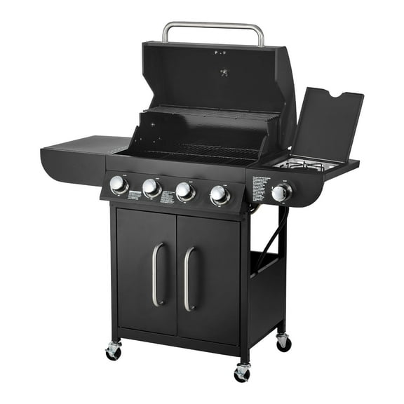KFFKFF 4-Burner Propane Gas Grill with Side Burner, 425 SQ.In Cooking Surface, Carbon Steel Enamel Grates, Outdoor 52,000 BTU BBQ Grill with Dual Side Shelves, Durable Carbon Steel Construction