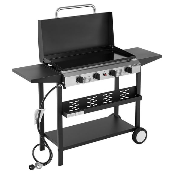 KFFKFF 4-Burner Propane Griddle with Wheels, 29-Inch Flat Top Grill for Outdoor Cooking, Features Lid,28000 BTU Heat Output, Ideal for Pan-Frying, Grilling, Stir-Frying, and BBQ,Pulse Ignition System