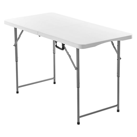 KFFKFF 4 Ft Folding Table, Portable Fold-in-Half Utility Table with Adjustable Height and Built-in Handle, Indoor and Outdoor Plastic Rectangle Table for Events, Dining, Camping, and Picnics, White