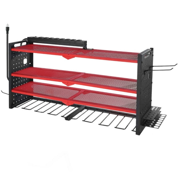 KFFKFF 4-Layer Power Tool Organizer with Charging Station, Drill Storage Rack with 8 Slots & Side Pegboard, Garage Organizer with Built-in 8-Outlet Power Strip for Workbench, Workshop, and Garage