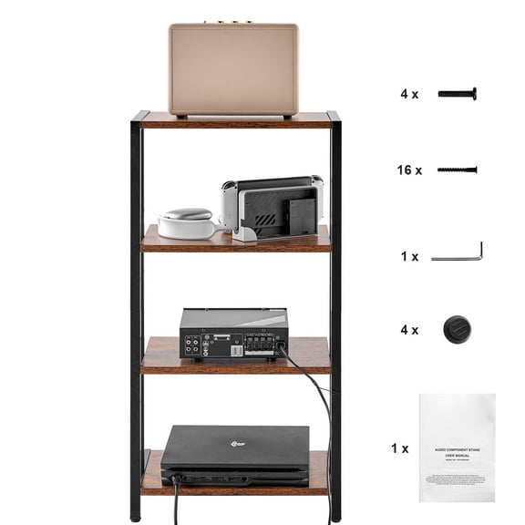 KFFKFF 4-Level Audio-Visual Media Rack, Angled Television Shelf, Adjustable Wood Shelving for DVD Devices/Cable Units/Video Game Systems, Brown