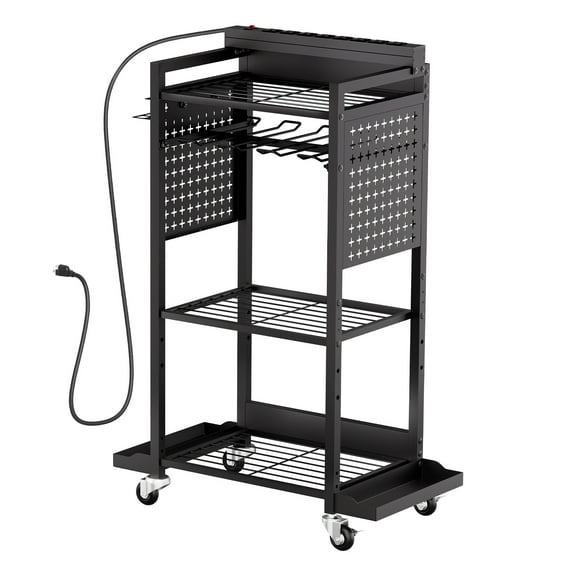 KFFKFF 4-Level Equipment Trolley with Power Dock, 8 AC Ports, Mobile Drill Stand and Equipment Battery Storing Shelf on Casters, Movable Storage Trolley for Workstation, Carport