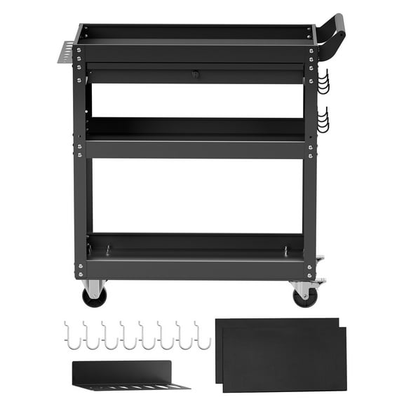 KFFKFF 4-Level Rolling Utility Cart, Supports up to 350 lbs, Mobile Workstation with Drawer & Pegboard, Lockable Mechanic Tool Organizer for Garage, Storage Facility and Maintenance Workshop, Black