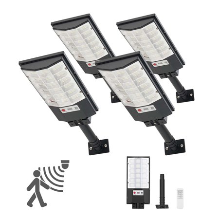 KFFKFF 4 Pack 500W Solar Street Lights Outdoor, 50000LM, Commercial Parking Lot Lights with Dusk to Dawn Function, LED Flood Security Lamp with Motion Sensor, IP65 Waterproof Lighting for Driveways