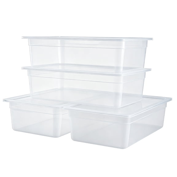 KFFKFF 4-Pack Polypropylene Food Pans, Full Size, 6" Depth, with Lids, Ideal for Restaurants, Buffets, and Salad Bars, Commercial-Grade Storage Containers, Dishwasher Safe, Stackable Design