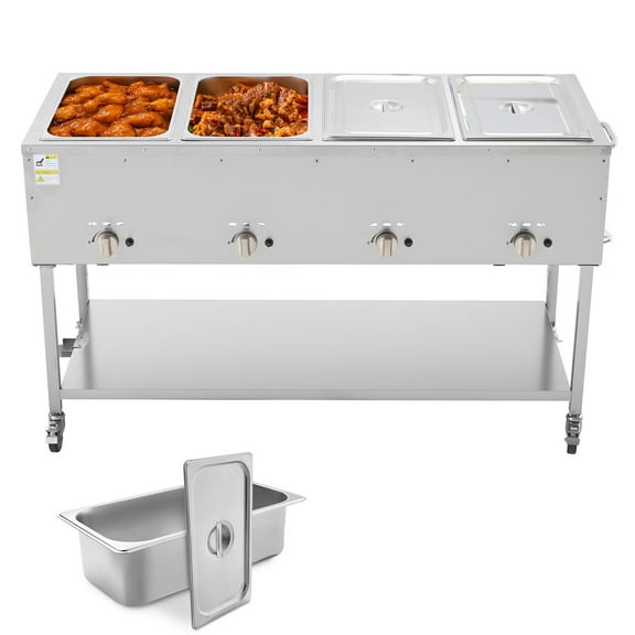 KFFKFF 4-Pan Commercial Propane Steam Table, Stainless Steel Food Warmer with Drain Valve and Wheels, Outdoor Soup Warmer with Independent Temperature Control for Restaurants and Camping