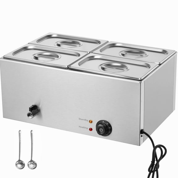KFFKFF 4-Pan Food Heating Station, 15.9QT Electric Buffet Server, 1200W Countertop Stainless Steel Warmer with Temperature Range of 86-185F for Professional Catering Services, Silver