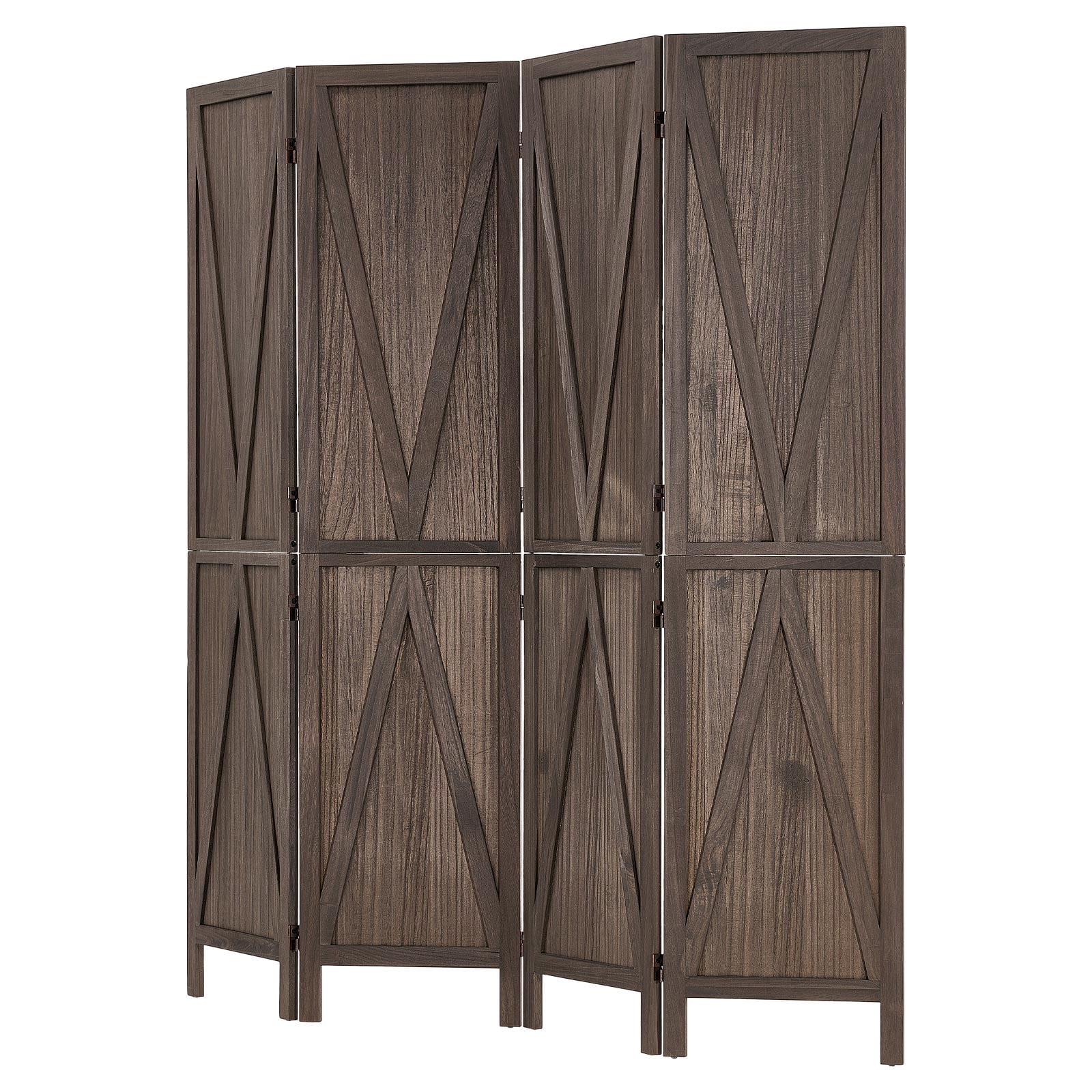 KFFKFF 4-Panel Wooden Room Divider with X Pattern, Folding Privacy Screen for Home Decor and Room Separation, 67 Inches Tall, Solid Frame, 360° Two-Way Hinges, Rustic Wooden Partition with Hardware