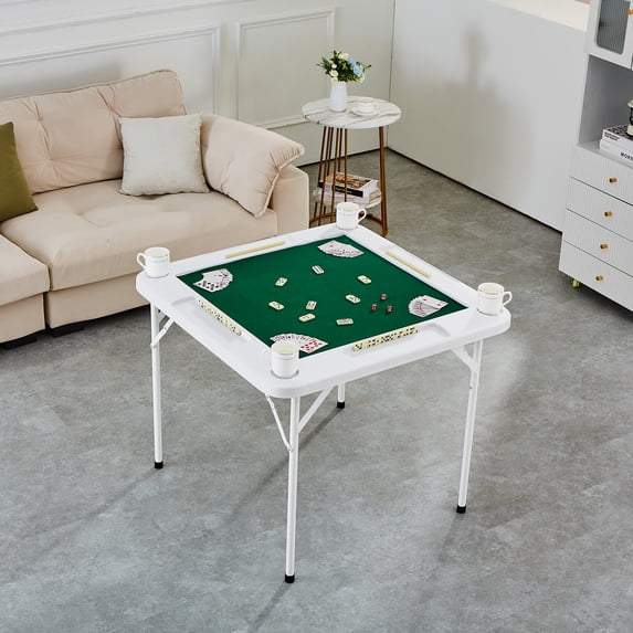 KFFKFF 35.4‘’ Foldable Multifunctional Square Game Table Portable Domino Game Table with 4Cup Holders/4 Chip Trays with Wear-Resistant Green Tabletop