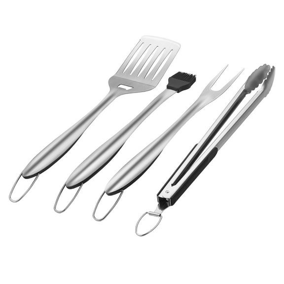 KFFKFF 4-Piece BBQ Grill Tool Set, Durable Stainless Steel Grilling Utensils with Tongs, Spatula, Fork, and Brush, Ideal for Outdoor Cooking and Gifting