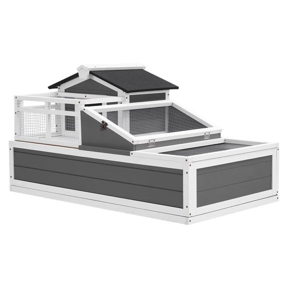 KFFKFF 4-Room Wooden Tortoise Habitat with Balcony, Two-Level Design for Small Animals, Indoor and Outdoor Use, Built-in Ramp, Spacious Turtle Enclosure with Openable Roof and Observation Area