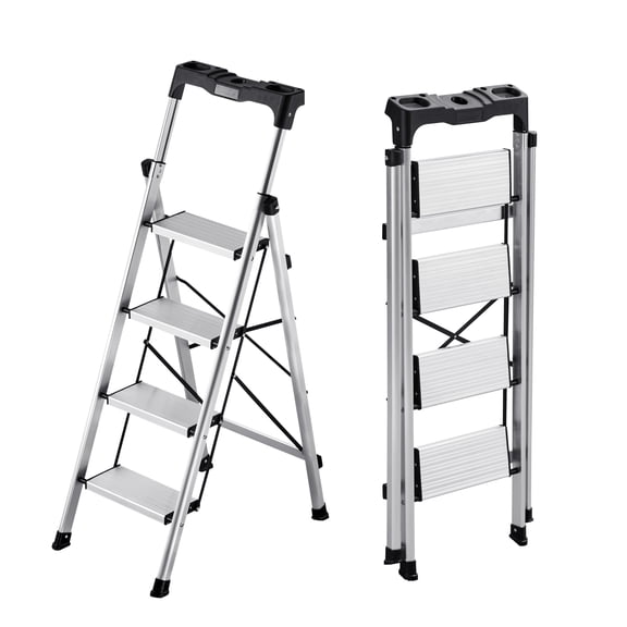 KFFKFF 4-Step Folding Ladder with Wide Non-Slip Pedals and Comfortable Handgrip, 330 lbs Capacity Portable Aluminum Stepladder, Versatile Use for Kitchen, Home, Warehouse, and Office, Silver
