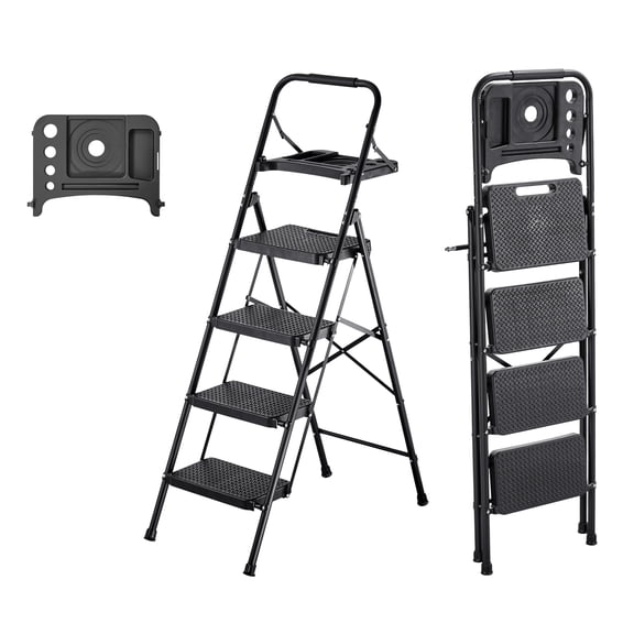 KFFKFF 4-Step Folding Ladder with Wide Non-Slip Pedals, Tool Tray, Comfortable Handgrip, 600 lbs Load Capacity, Durable Steel Design for Versatile Use in Kitchen, Home, Office, and Household, Black