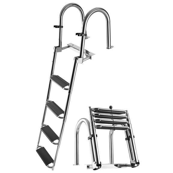 KFFKFF 4-Step Stainless Steel Telescoping Boat Ladder, Folding Swim Deck Ladder with Wide Non-Slip Steps and Handrails, 600lbs Weight Capacity, Suitable for Rear Entry on Boats, Yachts, and Pontoons