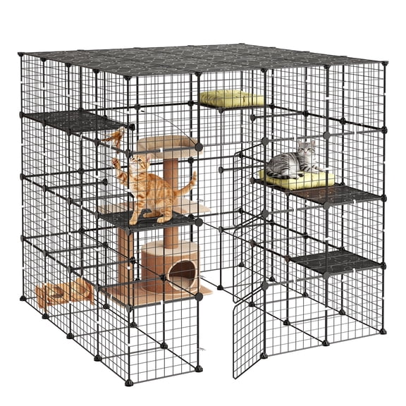 KFFKFF 4-Tier 55"x55"x55" Large DIY Cat Playpen Indoor Enclosure, Modular Metal Wire Cage with 3 Doors & Locks, Spacious Exercise Area for 2-3 Cats, Kittens, or Small Pets, Black