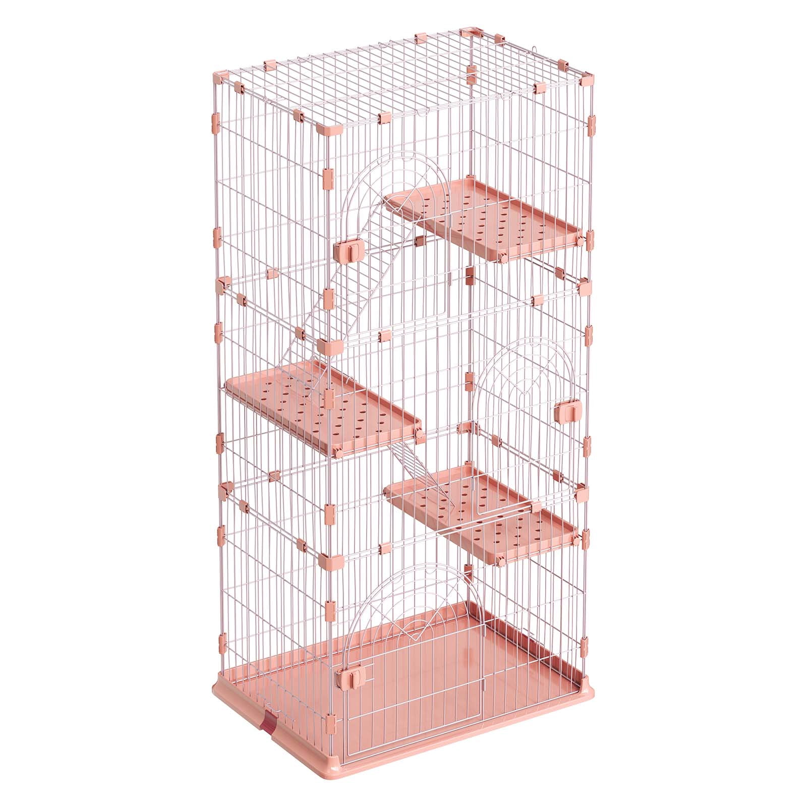 KFFKFF 4-Tier Cat Cage 33.07"x23.82"x64.37" DIY Playpen with Ladders, Indoor Metal Wire Enclosure, Spacious Exercise Area for Cats, Kittens, Ferrets & Small Pets, Pink