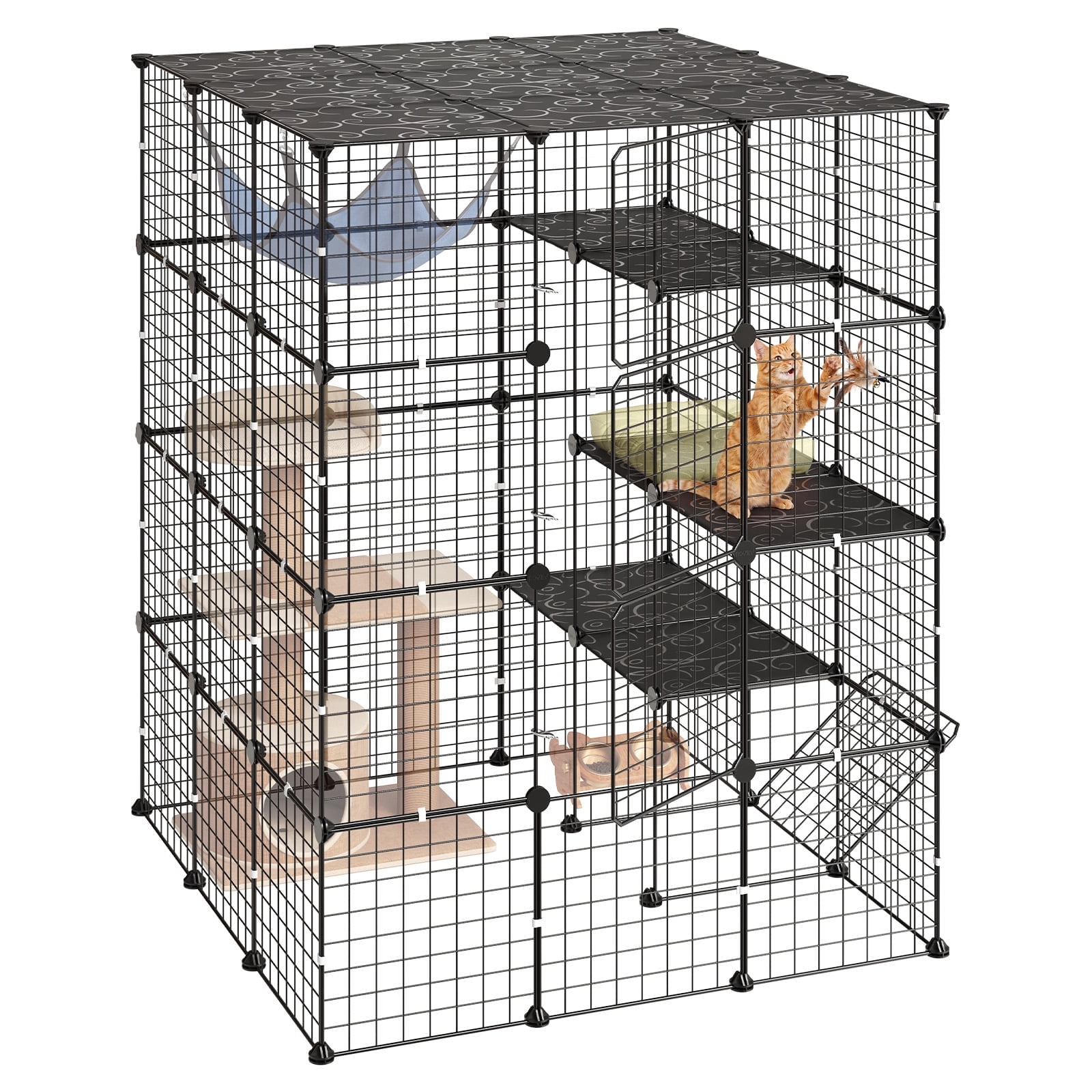 KFFKFF 4-Tier Cat Cage 40.98"x40.98"x55" DIY Indoor Playpen, Detachable Metal Wire Enclosure with 4 Doors, Spacious Exercise Area for 2-3 Cats, Kittens, or Small Pets, Black