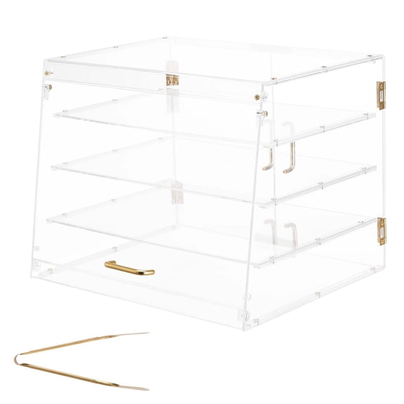 KFFKFF 4-Tier Countertop Bakery Display Case, Clear Acrylic Pastry Cabinet with Magnetic Rear Door for Bread, Cookies, Desserts, and Donuts, Ideal for Kitchens and Parties, 20.9"x17.1"x16.3"