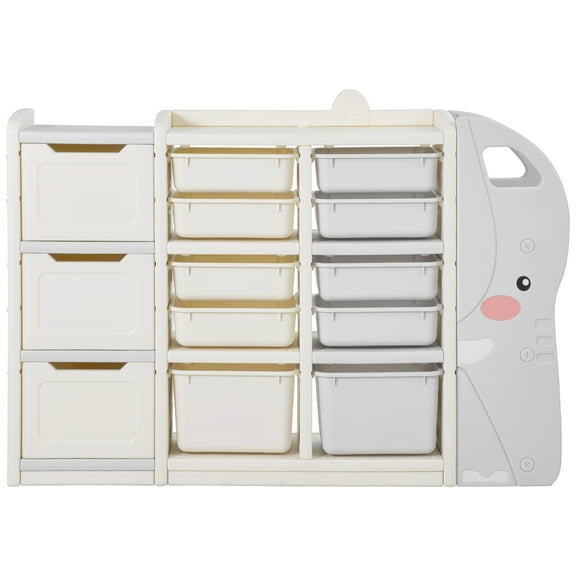 KFFKFF 4-Tier Elephant-Shaped Kids Toy Organizer with 10 Removable Plastic Bins, HDPE Storage Cabinet for Study Room, Bedroom, Playroom, Classroom, Nursery, Gray and Beige