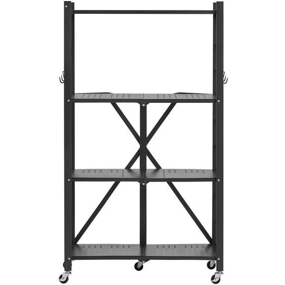 KFFKFF 4-Tier Foldable Storage Shelf, 26W x 13D x 46H Inch Metal Rack Shelving Unit, Durable Organizer with 5 Wheels & 4 Hooks for Pantry, Kitchen, Garage, Basement, Black