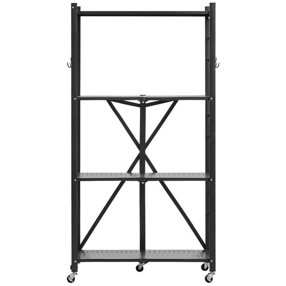 KFFKFF 4-Tier Foldable Storage Shelf, 28W x 13D x 54H Inch Metal Rack Shelving Unit, Durable Organizer with Wheels & Hooks for Pantry, Kitchen, Garage, Basement, Black