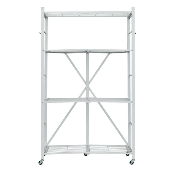 KFFKFF 4-Tier Foldable Storage Shelf with Wheels, 36-inch W x 21-inch D x 60-inch H Folding Metal Rack Shelving Unit, Durable No-Assembly Organizer for Garage, Kitchen, Basement, White