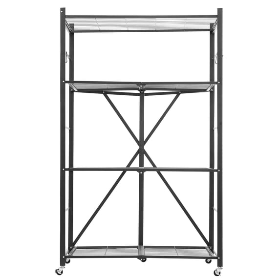KFFKFF 4-Tier Foldable Storage Shelf with Wheels, 36-inch W x 21-inch D x 60-inch H Metal Rack Shelving Unit, Durable Organizer Shelf for Garage, Kitchen, Basement, Black